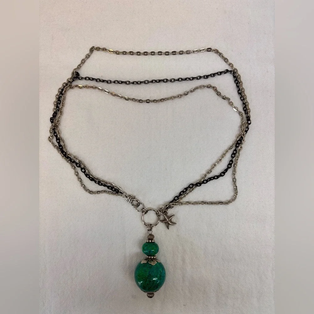 Chrysocolla Turquoise Blue Silver Tone Necklace with Larg Intricate Pendant - Picture 10 of 16